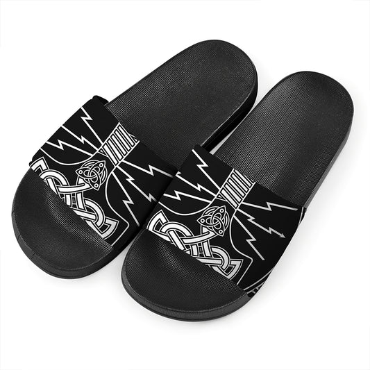 Mjolnir And Younger Futhark Print Black Slide Sandals