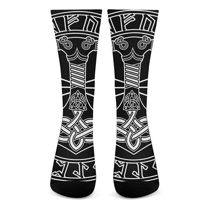 Mjolnir And Younger Futhark Print Crew Socks
