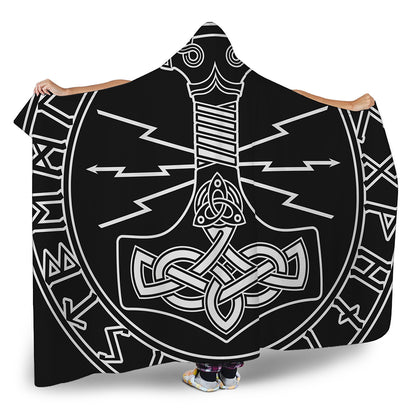 Mjolnir And Younger Futhark Print Hooded Blanket