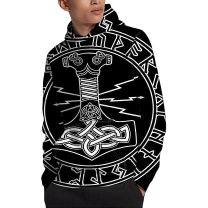 Mjolnir And Younger Futhark Print Pullover Hoodie