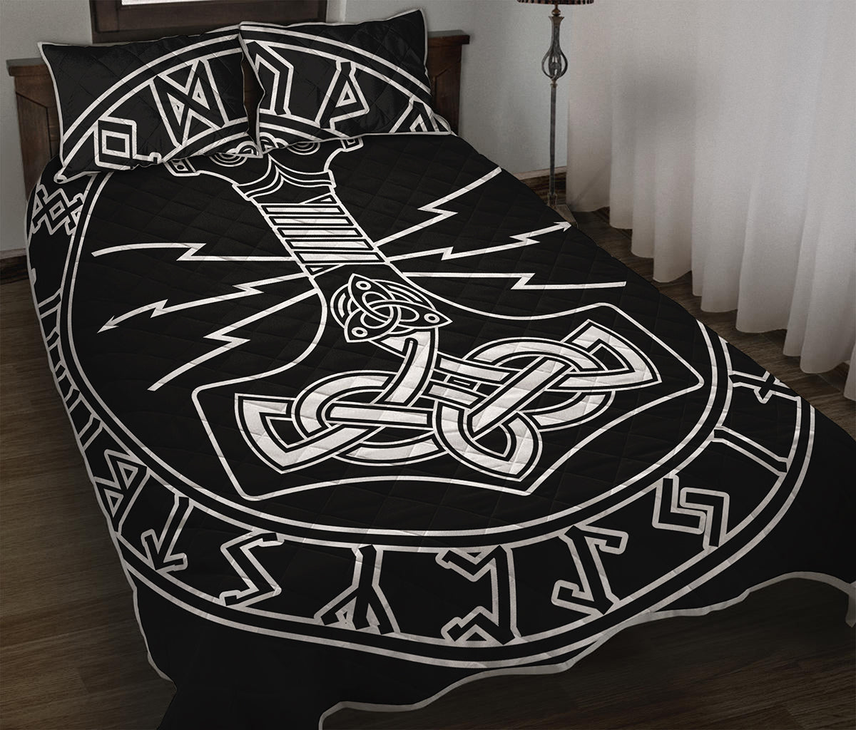 Mjolnir And Younger Futhark Print Quilt Bed Set