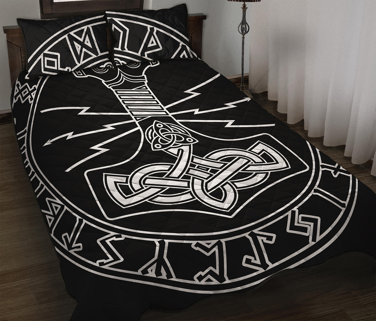 Mjolnir And Younger Futhark Print Quilt Bed Set