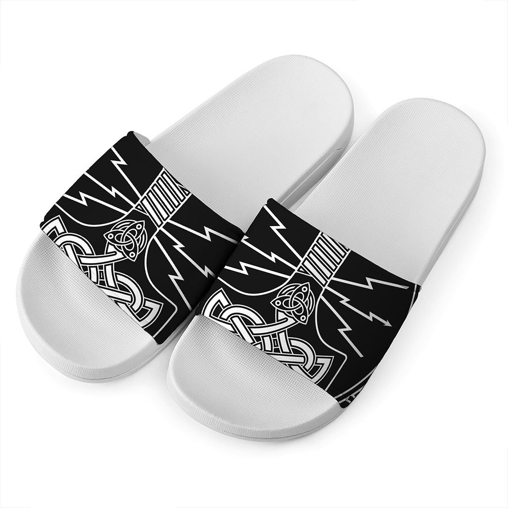 Mjolnir And Younger Futhark Print White Slide Sandals