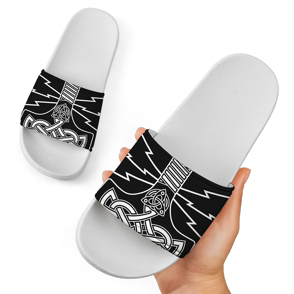 Mjolnir And Younger Futhark Print White Slide Sandals