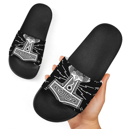 Mjolnir Norse Mythology Print Black Slide Sandals