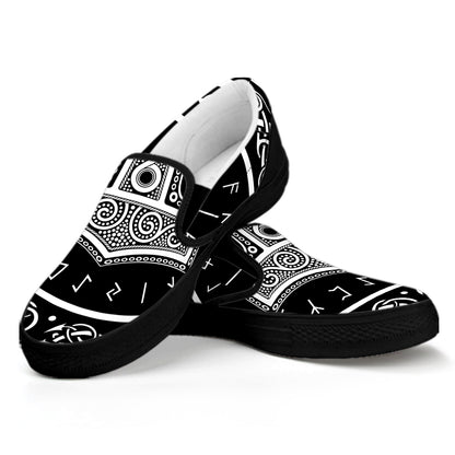 Mjolnir Norse Mythology Print Black Slip On Shoes
