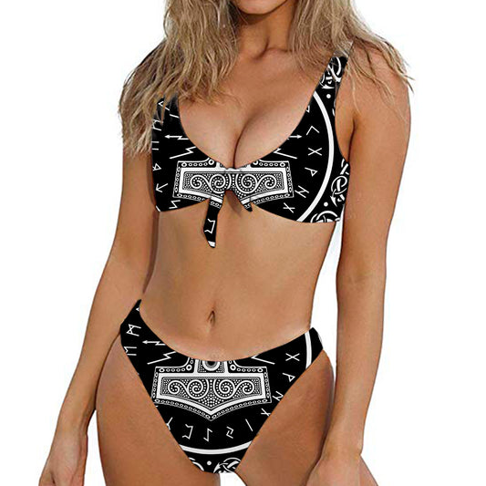Mjolnir Norse Mythology Print Front Bow Tie Bikini