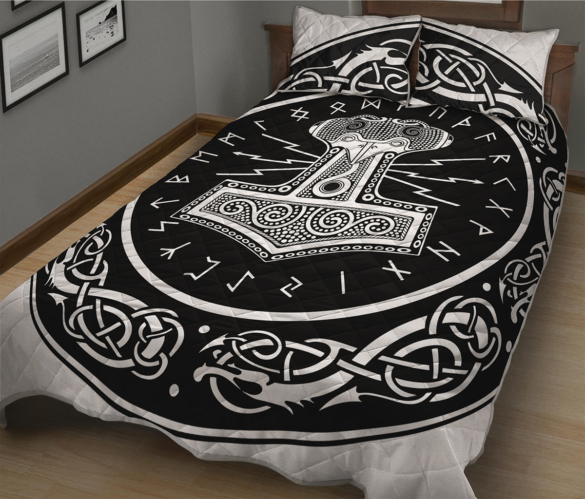 Mjolnir Norse Mythology Print Quilt Bed Set