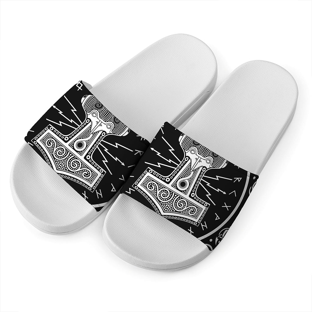 Mjolnir Norse Mythology Print White Slide Sandals
