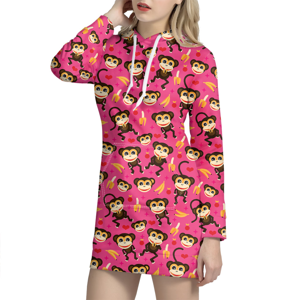 Monkey And Banana Pattern Print Hoodie Dress