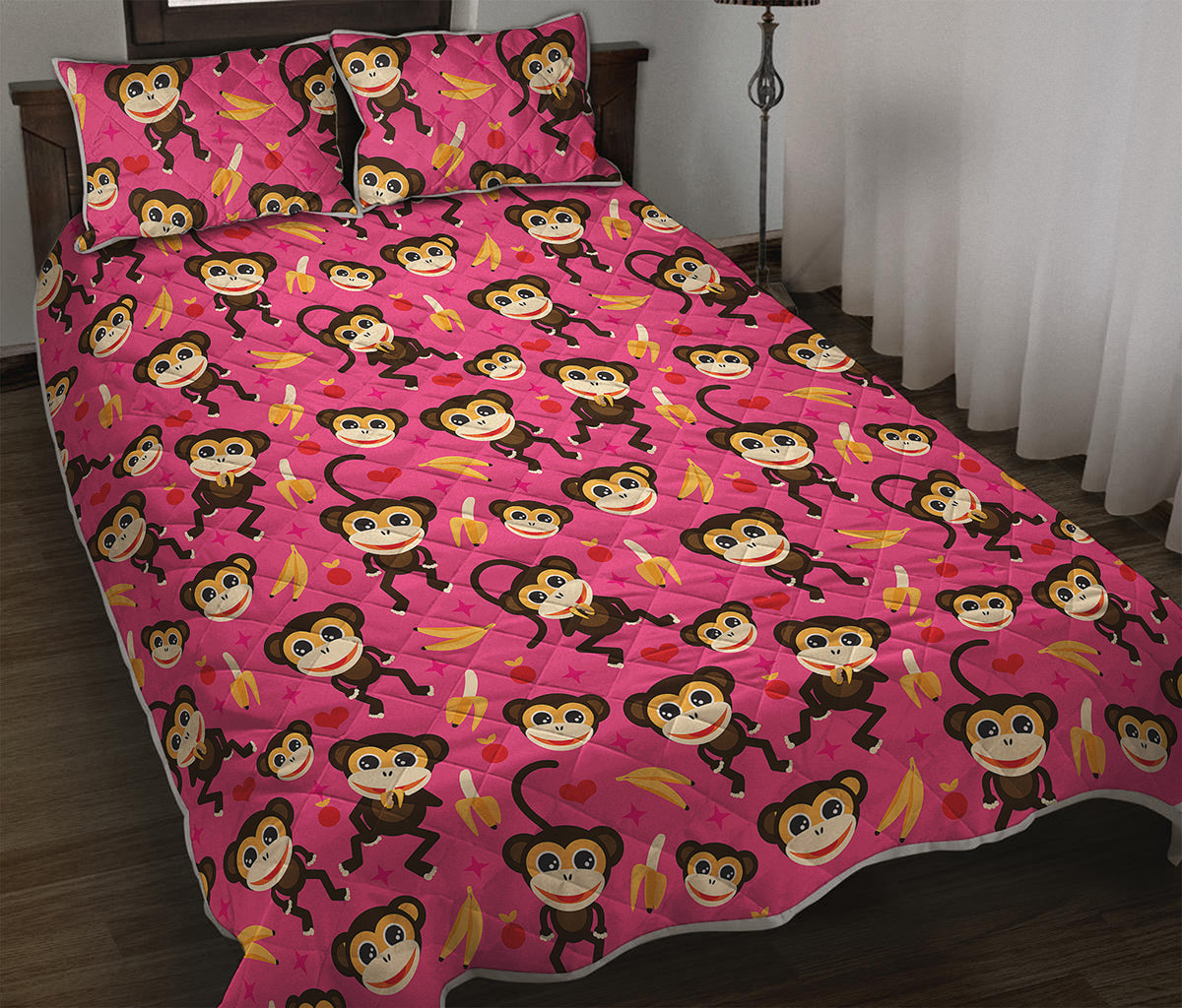 Monkey And Banana Pattern Print Quilt Bed Set