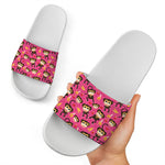 Monkey And Banana Pattern Print White Slide Sandals