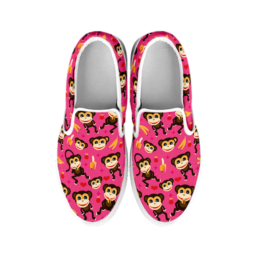 Monkey And Banana Pattern Print White Slip On Shoes