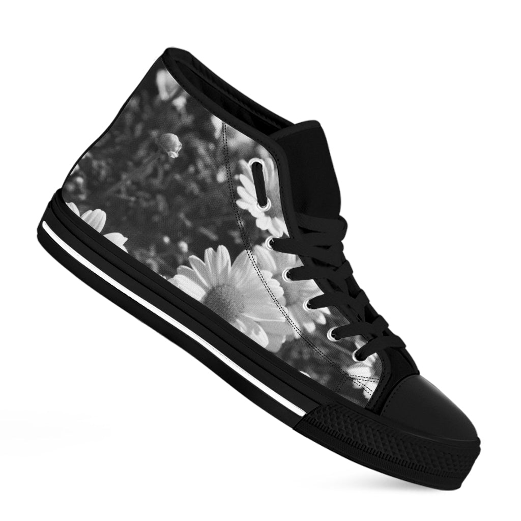 Monochrome Daisy Flower Print Black High Top Shoes