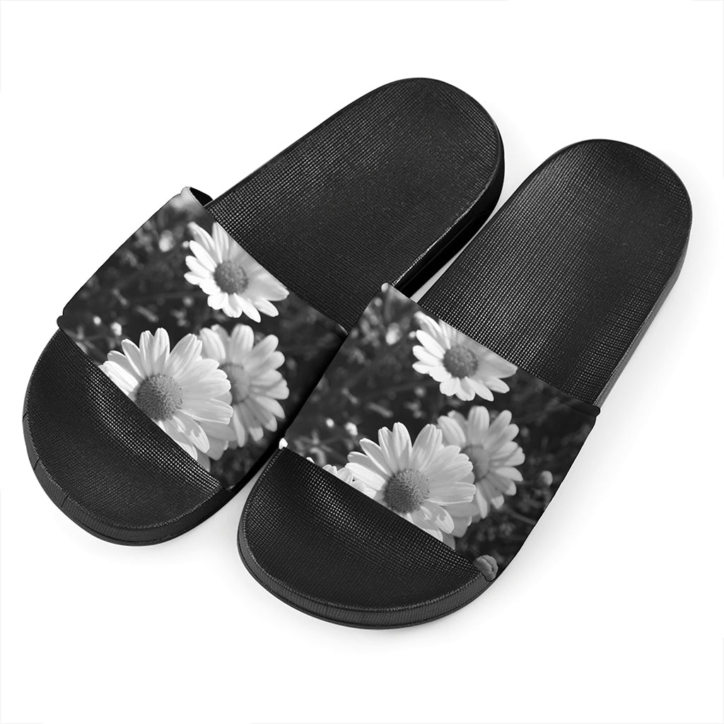 Monochrome Daisy Flower Print Black Slide Sandals
