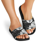 Monochrome Daisy Flower Print Black Slide Sandals