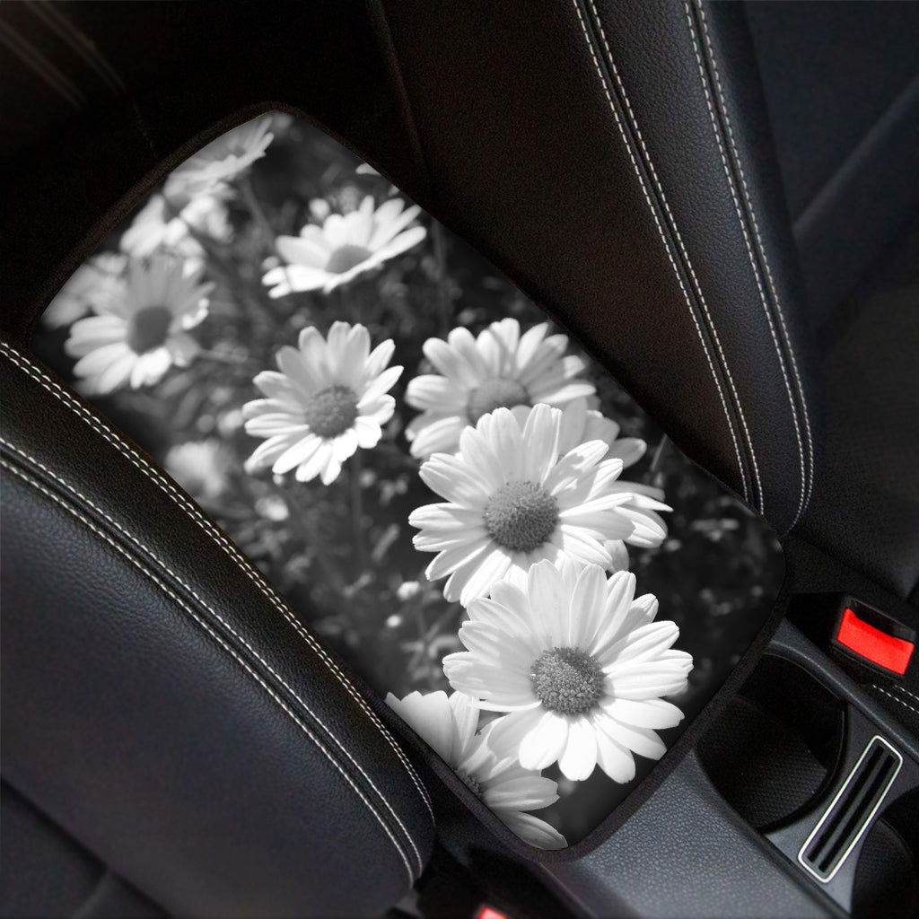 Monochrome Daisy Flower Print Car Center Console Cover