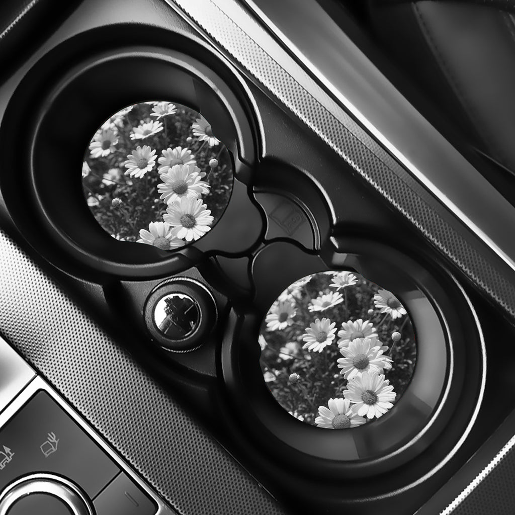 Monochrome Daisy Flower Print Car Coasters