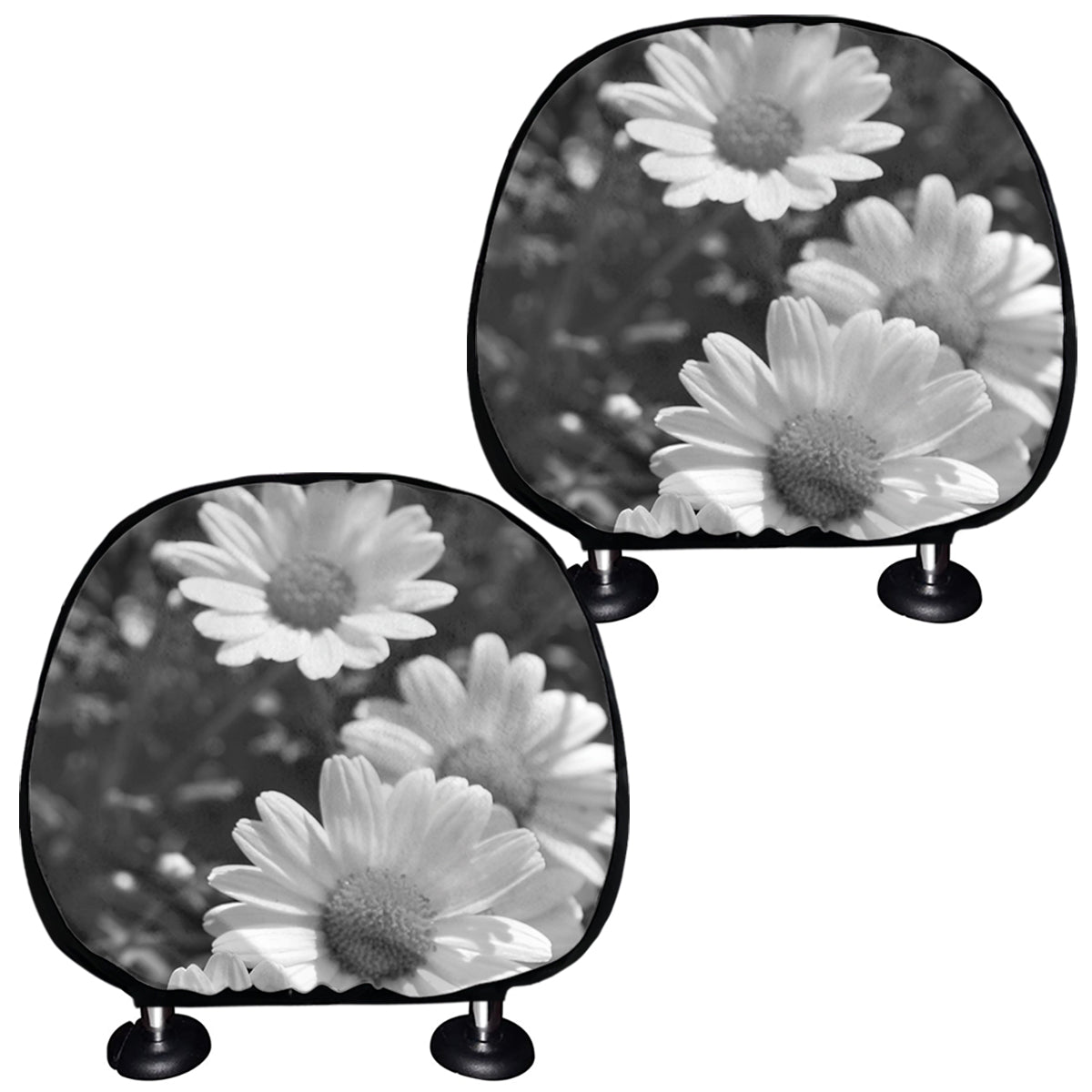 Monochrome Daisy Flower Print Car Headrest Covers