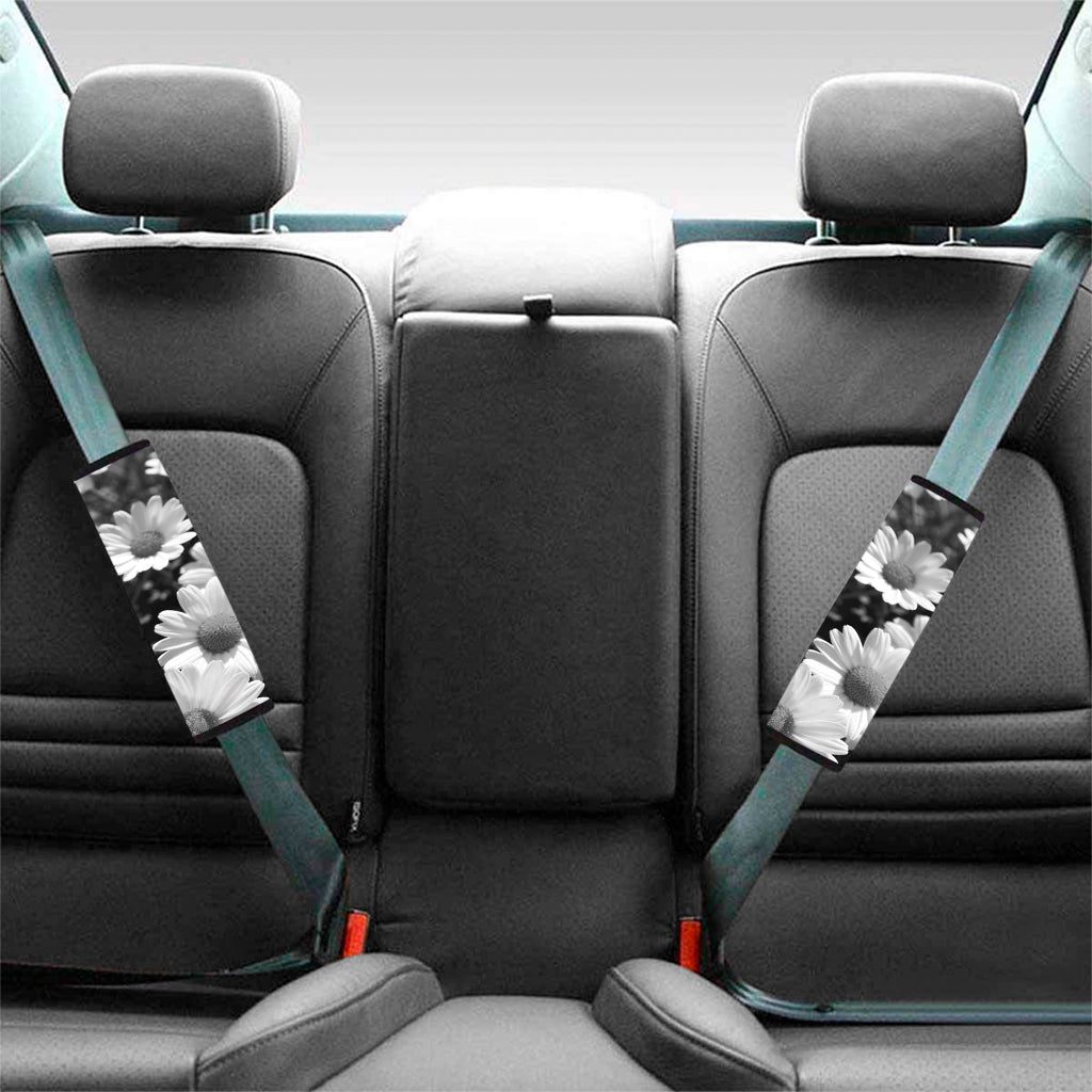 Monochrome Daisy Flower Print Car Seat Belt Covers