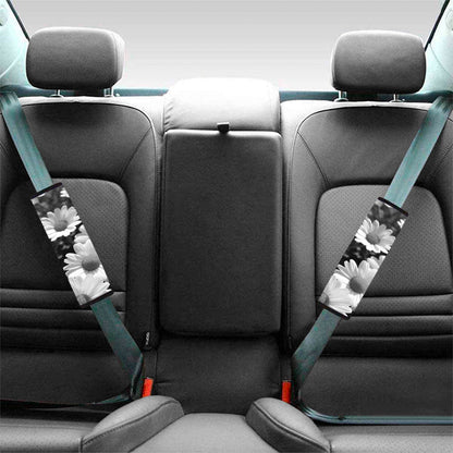 Monochrome Daisy Flower Print Car Seat Belt Covers