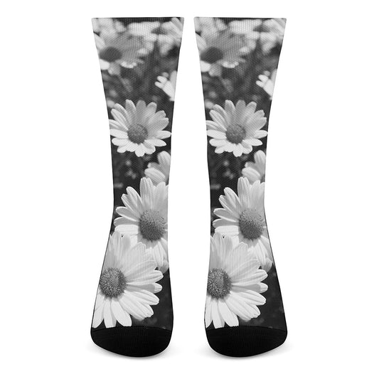 Monochrome Daisy Flower Print Crew Socks