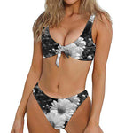 Monochrome Daisy Flower Print Front Bow Tie Bikini