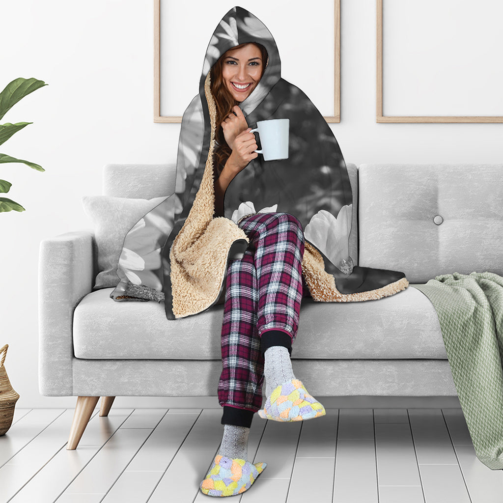 Monochrome Daisy Flower Print Hooded Blanket
