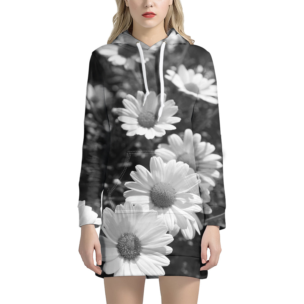 Monochrome Daisy Flower Print Hoodie Dress