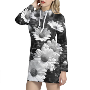 Monochrome Daisy Flower Print Hoodie Dress