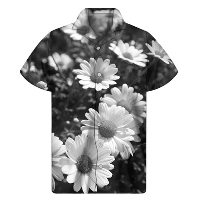 Monochrome Daisy Flower Print Men's Short Sleeve Shirt