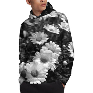 Monochrome Daisy Flower Print Pullover Hoodie