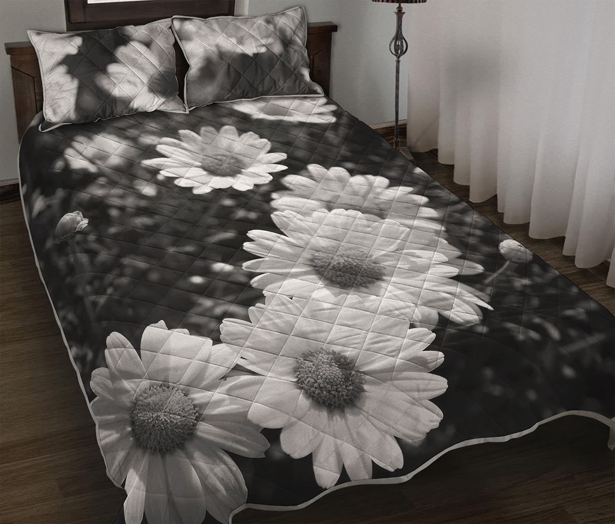 Monochrome Daisy Flower Print Quilt Bed Set