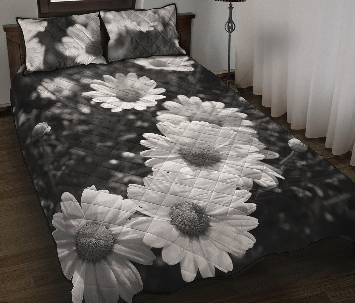 Monochrome Daisy Flower Print Quilt Bed Set