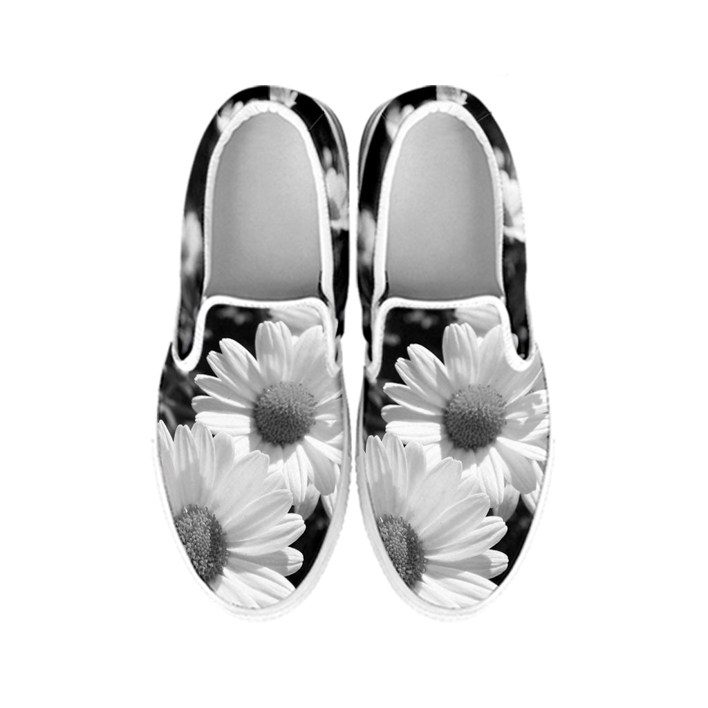 Monochrome Daisy Flower Print White Slip On Shoes