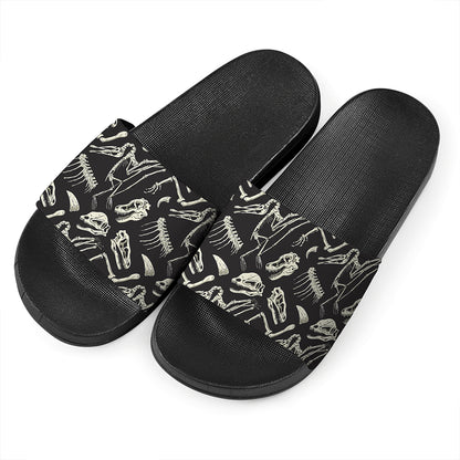 Monochrome Dinosaur Fossil Pattern Print Black Slide Sandals