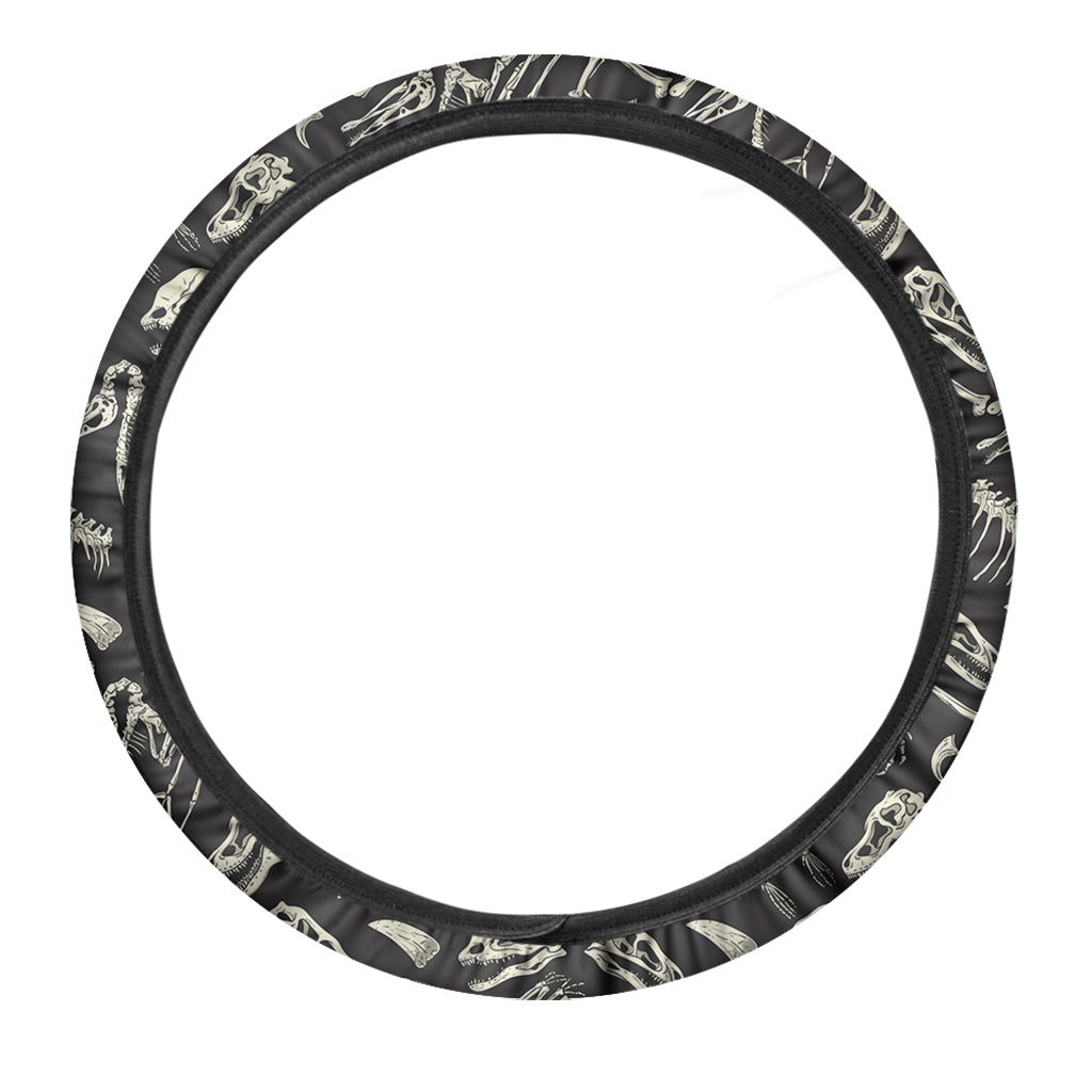 Monochrome Dinosaur Fossil Pattern Print Car Steering Wheel Cover