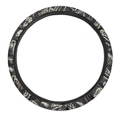 Monochrome Dinosaur Fossil Pattern Print Car Steering Wheel Cover