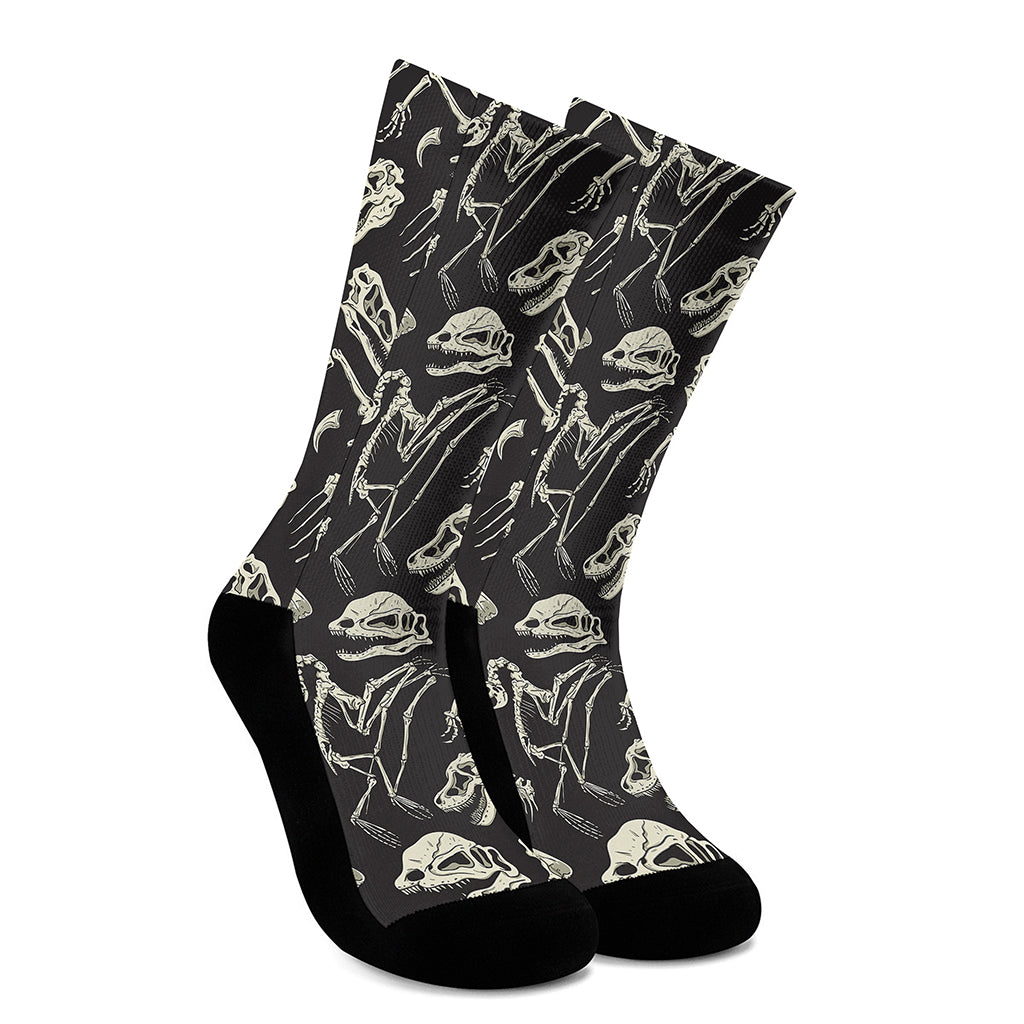 Monochrome Dinosaur Fossil Pattern Print Crew Socks