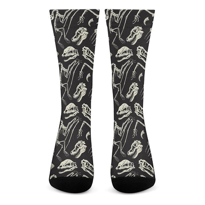 Monochrome Dinosaur Fossil Pattern Print Crew Socks