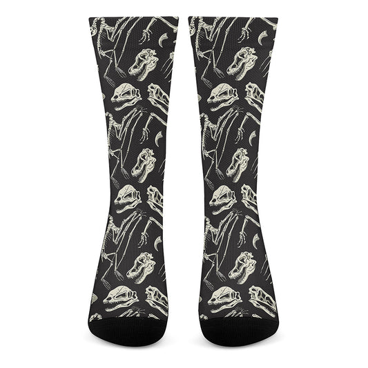 Monochrome Dinosaur Fossil Pattern Print Crew Socks