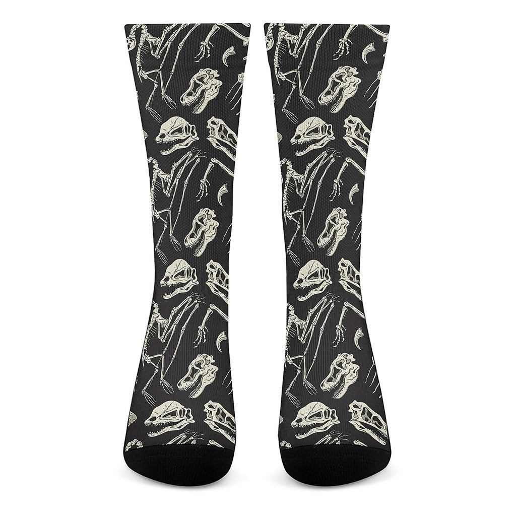 Monochrome Dinosaur Fossil Pattern Print Crew Socks