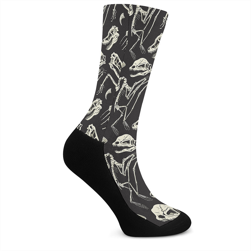 Monochrome Dinosaur Fossil Pattern Print Crew Socks