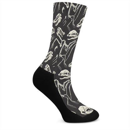 Monochrome Dinosaur Fossil Pattern Print Crew Socks