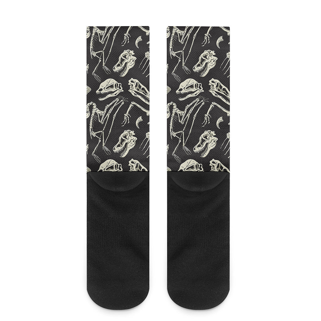 Monochrome Dinosaur Fossil Pattern Print Crew Socks