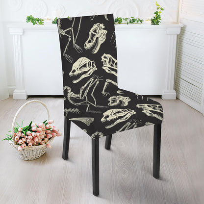 Monochrome Dinosaur Fossil Pattern Print Dining Chair Slipcover