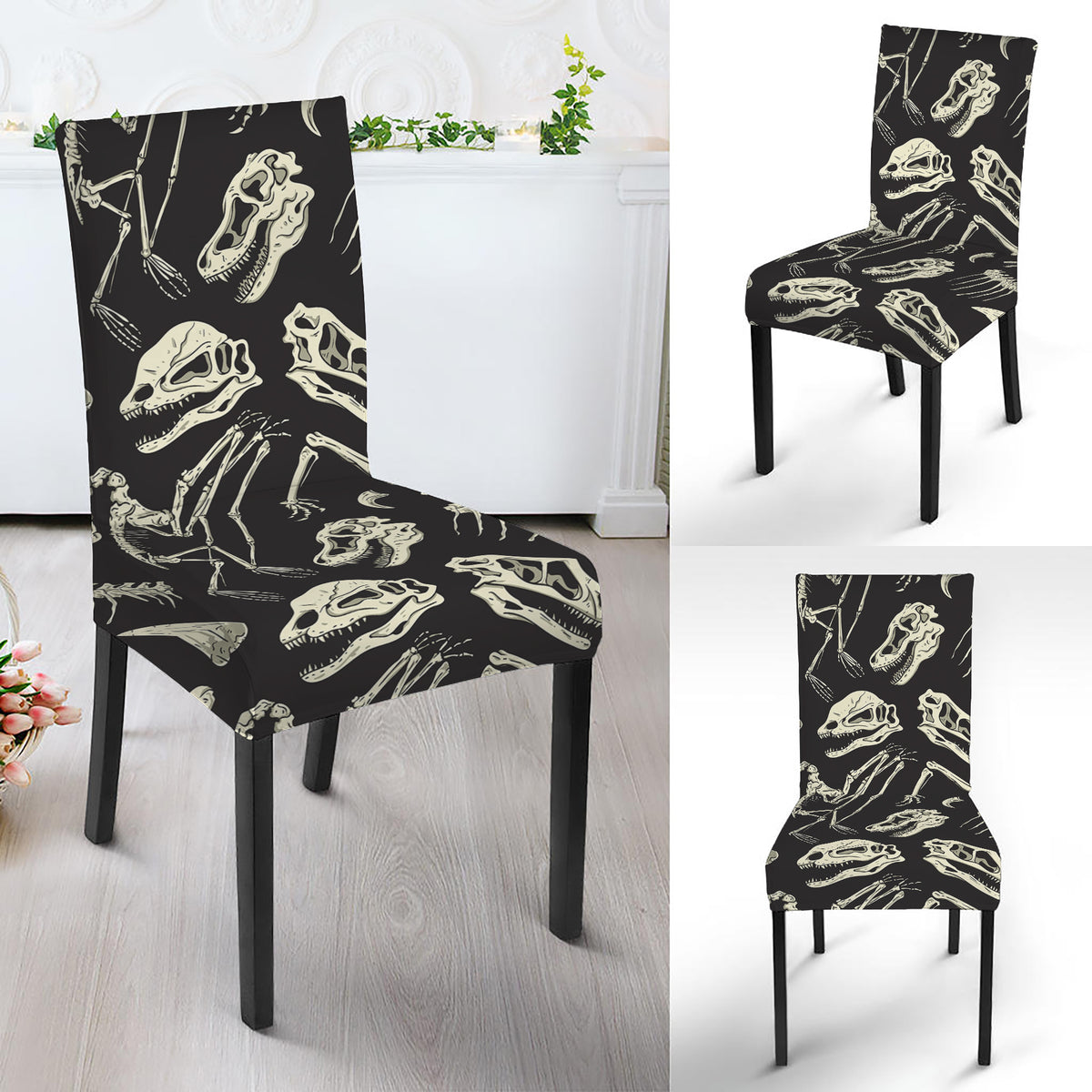 Monochrome Dinosaur Fossil Pattern Print Dining Chair Slipcover