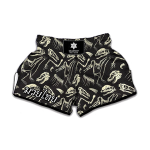 Monochrome Dinosaur Fossil Pattern Print Muay Thai Boxing Shorts