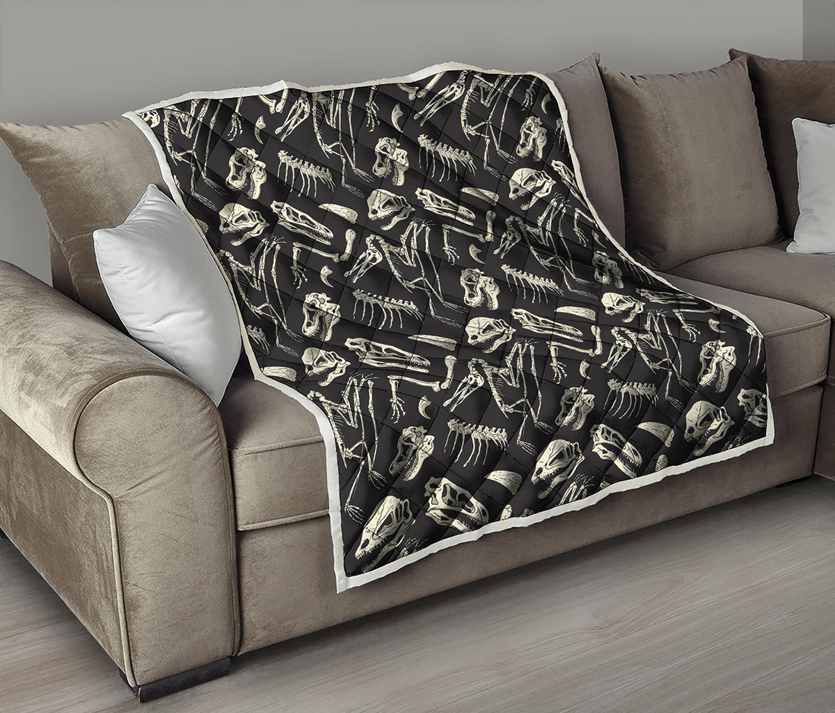 Monochrome Dinosaur Fossil Pattern Print Quilt