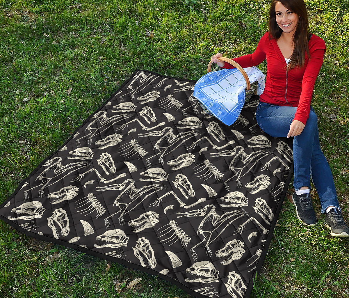 Monochrome Dinosaur Fossil Pattern Print Quilt